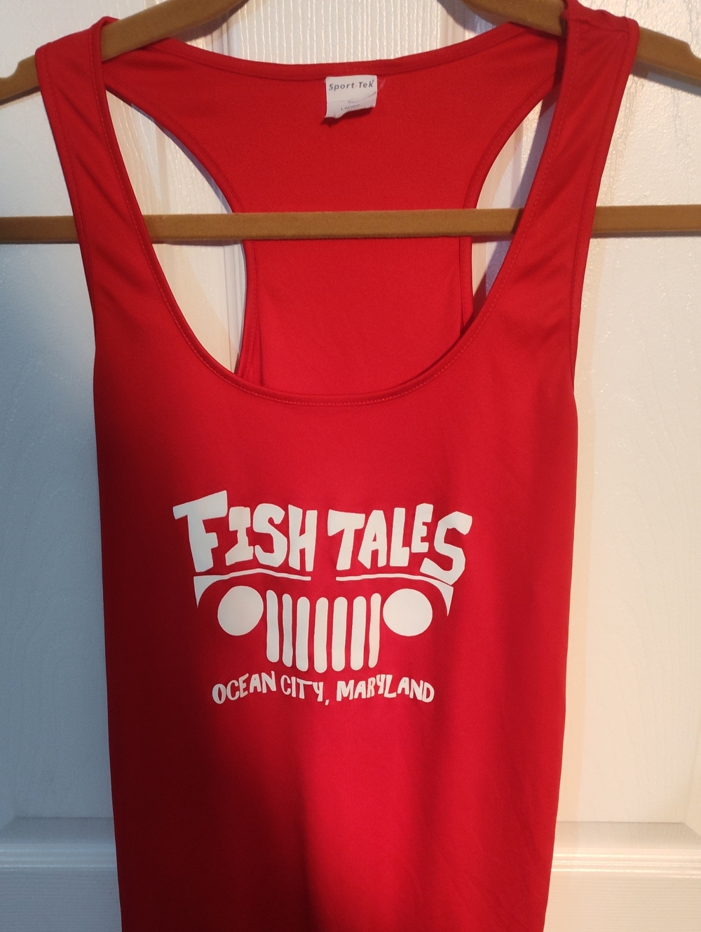 Sport-Tek Red Racerback Tank with White Fish Tales Graphic